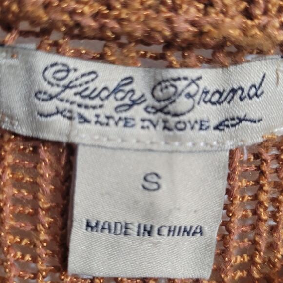 Lucky Brand Boho Crochet Sweater Brown Tie Neck Open Knit Semi Sheer Top Small - Picture 6 of 10